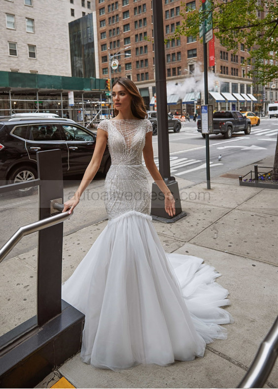 Beaded White Lace Tulle Deep V Back Luxury Wedding Dress
